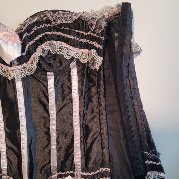 Women Lace Up Black & Pink Bustier Corset Overbust Burlesque Top Waist Cincher - Picture 3 of 4